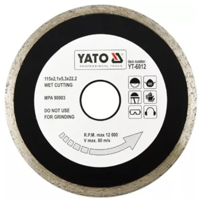 Диск алмазний суцільний YATO YT-6012 115x5,3x22,2 мм. H= 2,1 мм. для мокрої різки