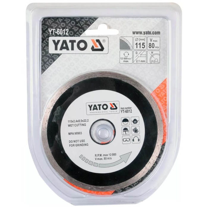 Диск алмазний суцільний YATO YT-6012 115x5,3x22,2 мм. H= 2,1 мм. для мокрої різки