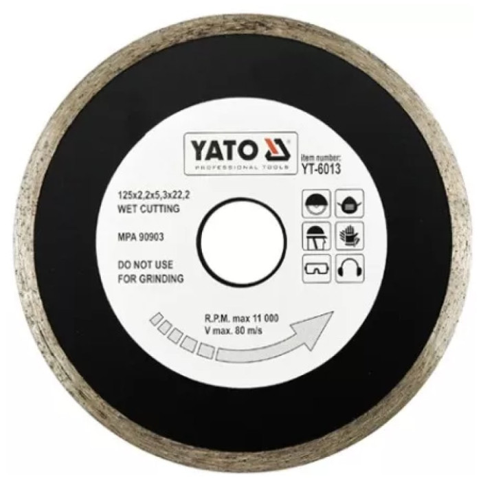 Диск алмазний суцільний YATO YT-6013 125x5,3x22,2 мм. H= 2,2 мм. для мокрої різки