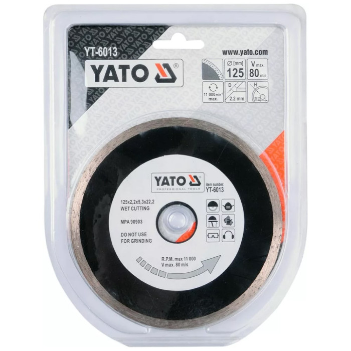 Диск алмазний суцільний YATO YT-6013 125x5,3x22,2 мм. H= 2,2 мм. для мокрої різки
