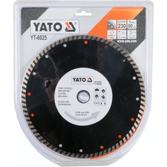 Диск алмазний турбо YATO YT-6025 Ø= 230x8,0x22,2 мм. H= 3,1 мм