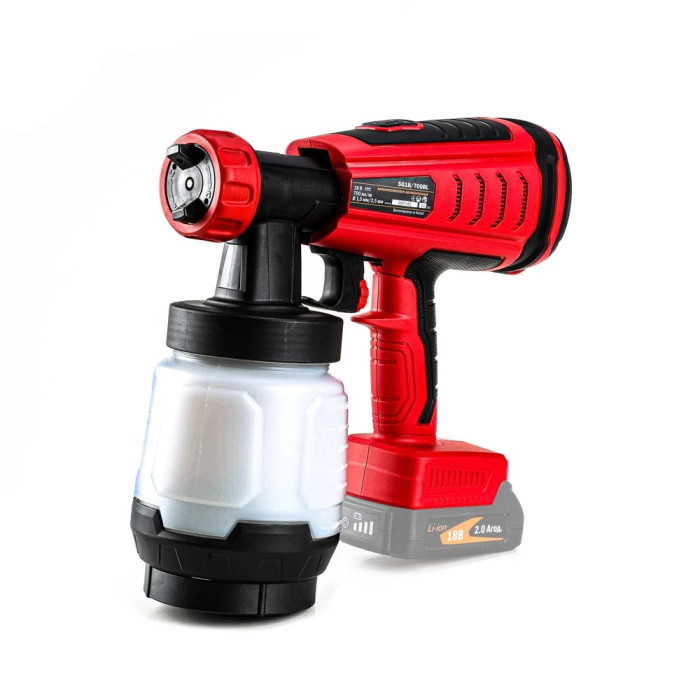 Краскораспылитель аккумуляторный GTM SG18/700BL, 18В, 800мл резервуар, 2 сопла-1,5 и 2,5мм, без АКБ и ЗУ (3031)